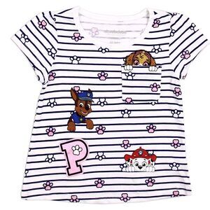 Paw Patrol Toddler Girls T Shirt 3T Cute Pocket With Patch White Navy Striped